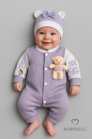 Babyden's Teddy Bear Temalı Yenidoğan Fitilli Tulum Takımı Ayıcıklı Kız Bebek Tulum Şapka Set %100 Pamuk Lila