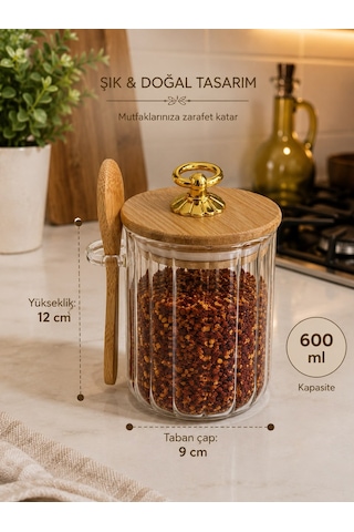 Qerhome Kaşıklı Çizgili Cam Baharat Kavanozu 600 Ml - Gold Halka Kulplu Bambu Kapaklı Saklama Kabı Dh 57-59 Şeffaf