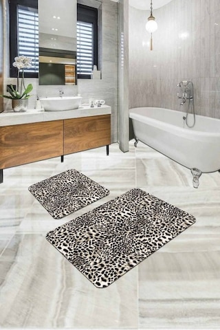 Bej Leopar Desenli Banyo Halısı Klozet Paspas Seti Bs324n11