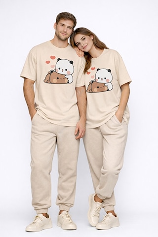 Sevimli Panda Baskılı Sevgili Kombini Çift Tişört Oversize Unisex Bej