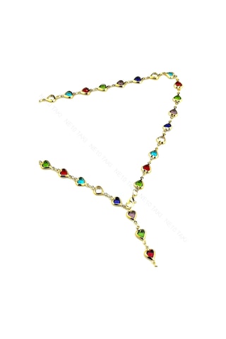 Y Kolye, Taşlı, Çok Renkli, Kalpli, Kolye 432, Kasa Altın Renk altın