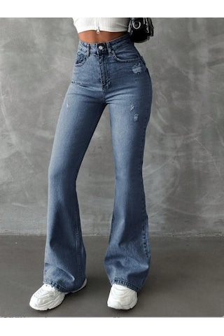 Herton Yüksek Bel İspanyol Paça Jean Pantolon - Eskitme Detaylı Full Pamuklu Flare Denim Bebe Mavi