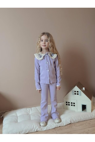 Miniko Kids Kız Çocuk Yaka Dantelli Fitilli Kaşkorse Bayramlık Taytlı Takım Lila