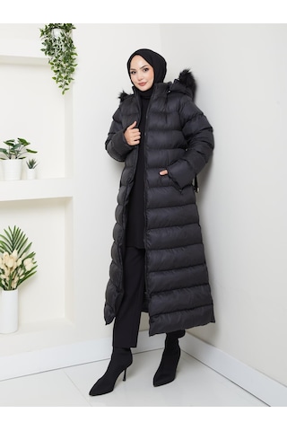 Hb Harma Time Butik Kadın Bel Kemerli Kapüşonlu Uzun Şişme Siyah Mont