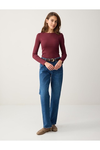 Jimmy Key Jimmy Key Bordo Dar Kesim Uzun Kollu Kayık Yaka Örme Bluz 6sw035204562
