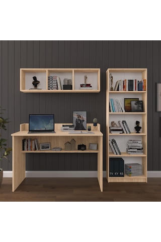 Asra Trend Çalışma Masası Seti ÇMT001 %100 MDF Kitaplıklı Raflı Ofis Takımı Sonoma