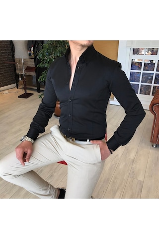 Italyan Stil Slim Fit Dik Yaka Saten Erkek Gömlek Siyah T4739