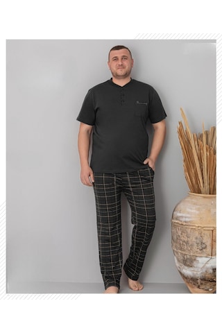 Pijamoni Erkek Battal Düğme Yaka Penye Kısa Kol Pijama Takımı 6730/4 - 1 Adet Siyah