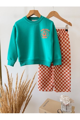 Magu Çocuk Bonjour Baskılı Turkuaz Sweatshirt Ve Turuncu Dama Eşofman Takımı Çok Renkli
