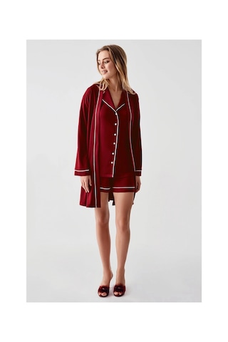 Moda Dua Freshness 324 Kadın 4'lü Sabahlıklı Şorlu Pijama Takımı bordo