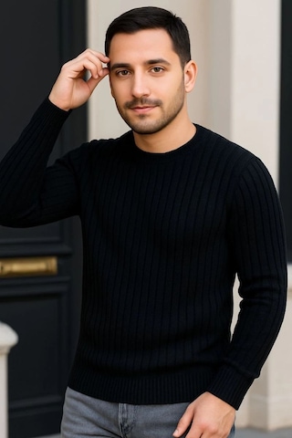 Erkek Fitilli Triko Bisiklet Yaka Kalın Kazak 3'lü Set Beyaz-saks Mavisi-siyah