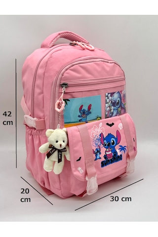 Stitch Desen Aksesuarlı Kore Tarzı Termal Beslenmeli Ve Kalemlikli Kız Çocuk Okul Sırt Çantası Seti Pembe