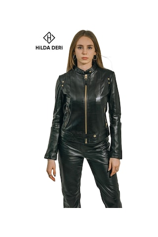 Hilda Deri Viky Siyah Hakiki Deri Altın Renk Aksesuarlı Kadın Ceketi 001