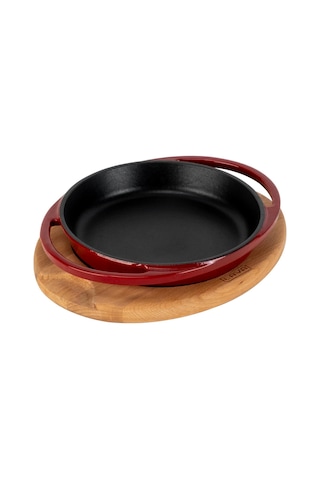 Lava Döküm Yuvarlak Sahan Döküm Demir Yekpare Çift Kulplu Kayın Servis Ahşabı Çap Ø 16cm.-bordo Bordo