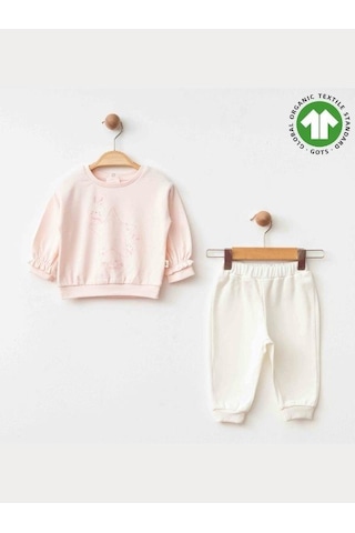 Zekids Kız Bebek Yıldız Tavşan Baskılı Organik Eşofman Takım-15475 Pudra