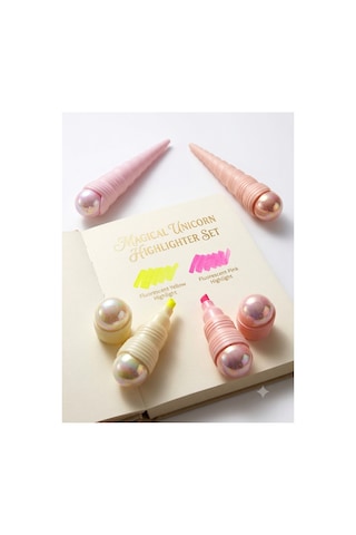 Unicorn Boynuzu Tasarımlı 3'lü Pastel Fosforlu Kalem Seti - Şeffaf Çantalı Sevimli Kawaii Kalem Pembe