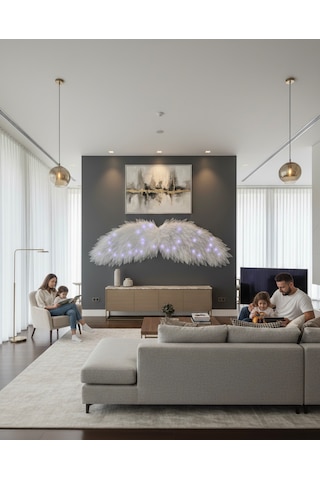 Beyaz Led Işıklı Melek Kanadı Duvar Dekoru Lüks Tasarım Aydınlatma Aksesuarı