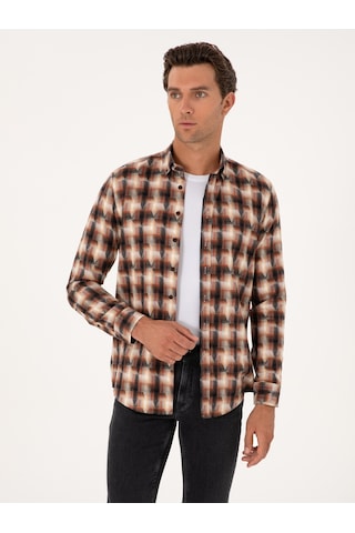 Cacharel Kiremit Slim Fit %100 Pamuk Desenli Gömlek Kırmızı