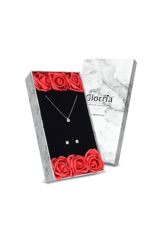 Glorria Gümüş Tektaş Kolye, Küpe, Çiçekli Hediye Seti - Dt0213Kl-