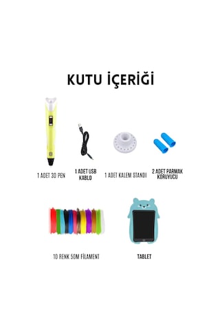 Sarı 3D Kalem 3D Pen Yazıcı Kalem | 50 Metre PLA Filament + Grafik Tablet + USB Kablo