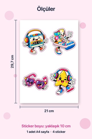 Cool Mod 4 Adet Büyük Retro Sticker Çıkartma A4 Matara Etiketi Çok Renkli