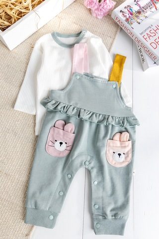 Baby Mod Tavşan Fiğürlü100% Pamuk Kız Bebek Salopet 2'li Tulum Yeşil