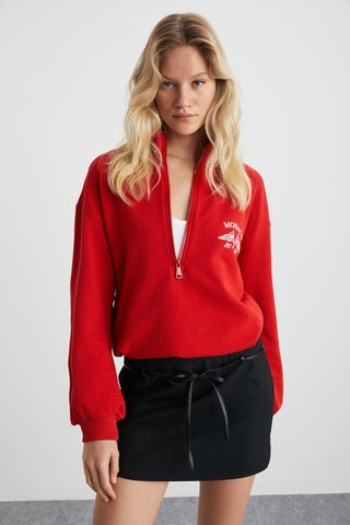 Ethıquet Meybelına Kadın Organik Pamuklu Kemik Fermuarlı Dik Yaka Yazılı Baskılı Kırmızı Sweatshirt