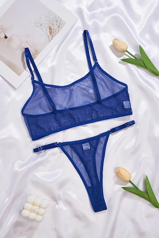 Angbutik Mavi Transparan Tül Bralet Tanga İç Giyim Takımı Tm1389