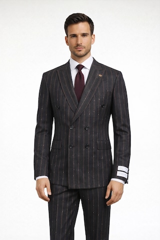 Fabıo Cassel Çizgili Kruvaze Erkek Takım Elbise Slim Fit Füme