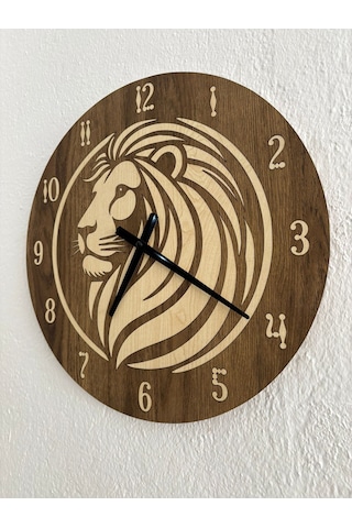 Safari Serisi - Aslan - Ahşap Duvar Saati - 40 Cm Ahşap