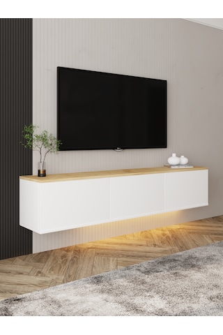 Neon Işıklı Duvara Monte Tv Ünitesi Beyaz - Safir Meşe