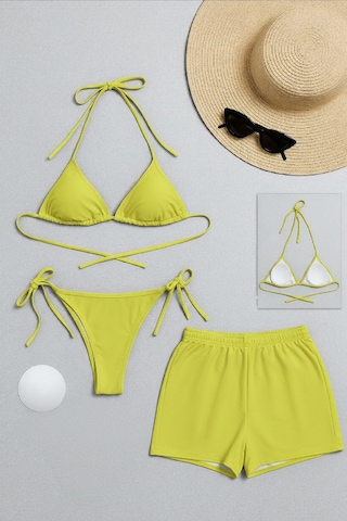 Modi Kadın 3'lü Set Fosforlu Şortlu Ve Yandan Bağlamalı Bikini Mayo Takımı Siyah