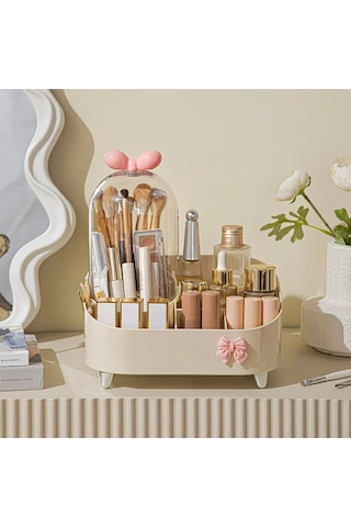 Kapaklı Makyaj Organizeri Toz Korumalı Kozmetik Ve Fırça Düzenleyici Bej