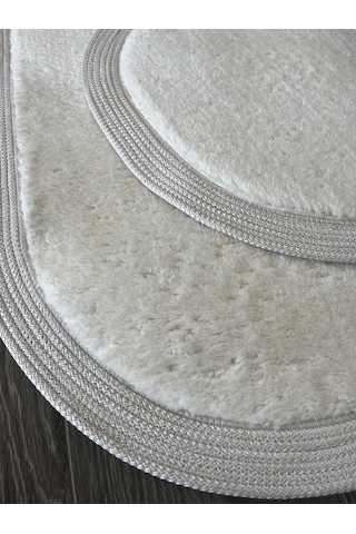 Melena Carpet Premium Kaymaz Taban Peluş Banyo Paspası Seti Jüt Kenar Detaylı 2 Li Oval Yuvarlak 100x60 60x60 Beyaz