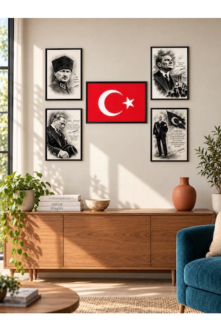 Türk Bayrağı Ve Atatürk 5 Li Mdf Tablo Seti 8 Mm 40 30 Cm Ve 20 30 Cm Ev Ofis Okul İşyeri 1