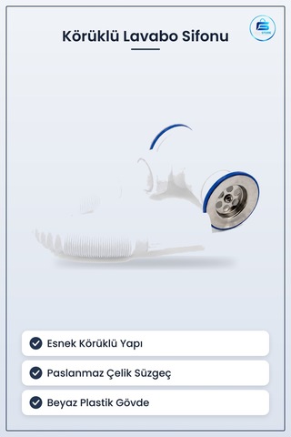 Körüklü Lavabo Sifonu Paslanmaz Çelik Süzgeçli Esnek Beyaz Plasti