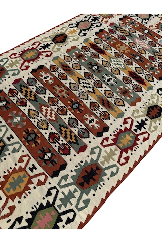 El Dokuma Az Hatalı Yün Kilim 98x171 Renkli Kök Boya %100 Yün Kilim Çok Renkli
