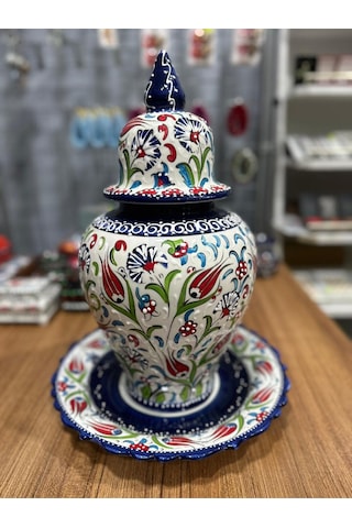 Tabaklı Büyük Boy Şah Küpü 40 Cm Lale Desenli Kütahya Çini Mavi