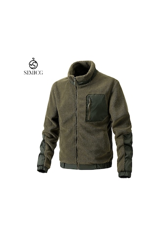 Dik Yaka Polar Günlük Hırka Açık Hava Erkek Kuzu Polar Ceket Yeşil