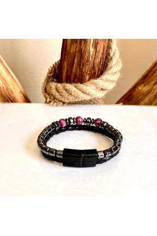 %100 Deri&hematit Kombin Siyah-lila Erkek Bileklik Net 21cm Siyah - Pembe