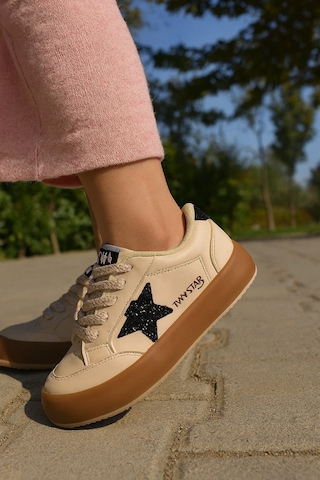 Sstar Beyaz Gümüş Kız Çocuk Cırtlı Bantlı Sneaker Spor Ayakkabı Bej