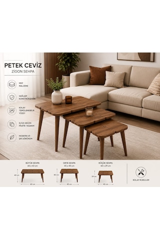Petek Ceviz Zigon Sehpa Takımı 3 Lü Acı Kahverengi