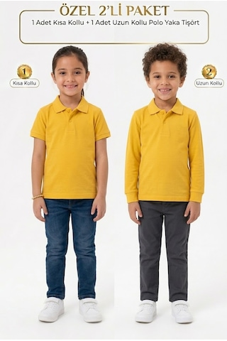 Nacar Store Unisex Çocuk Uzun Ve Kısa Kollu Polo Yaka Okul Tişörtü 2'li Set Koyu Sarı