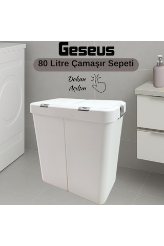 Gümüş Ikili Dokunmatik Çamaşır Sepeti Çöp Kovası Temizlik Kovası Kirli Sepet 80 Litre-mt009