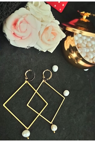 24k Altın Kaplama Gerçek Barok Tarz İnci Kare Tasarım Küpe Beyaz Gold