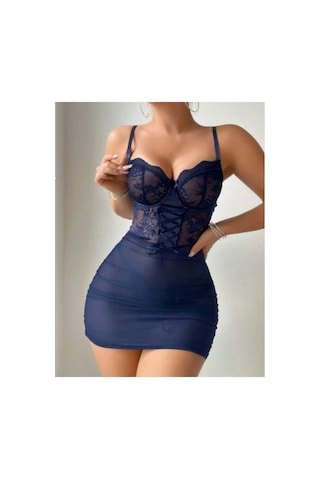 Selveta Lacivert Büstiyer Kesim Dantel Babydoll Gecelik Özel Geceler İç Giyim
