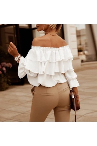 Yaz Kadın T-shirt Tek Boyun Şifon Gömlek Kadın Elastik Omuz Kravat Fırfır Üstleri Rahat Gevşek Orta Kollu Siyah