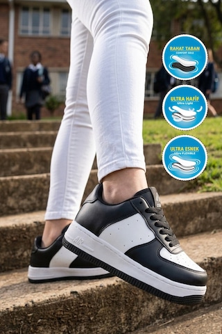 Cool Siyah-beyaz Bağcıklı Kalın Tabanlı Unisex Yürüyüş Ve Spor Ayakkabı Sneaker Pekin Kısa Siyah - Beyaz