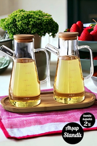 Bambu Kapaklı Cam Yağdanlık Vakumlu Ahşap Stantlı Sirkelik Zeytinyağı Şişesi Yağlık 900 Ml 3'lü Set