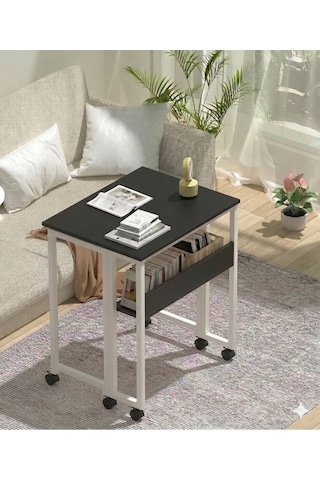 Sidney Kitaplık Raflı Katlanır Masa 70cm Tekerli Bilgisayar Masası Laptop Masası Beyaz-siyah Beyaz - Siyah